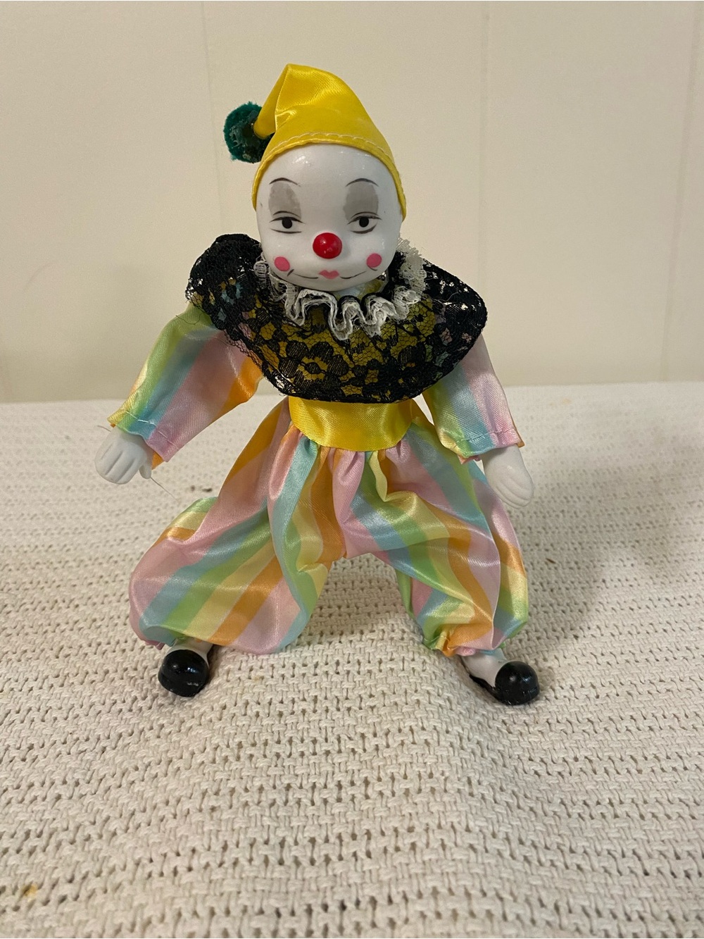 Vintage Rainbow Striped Clown Doll - Yellow Hat